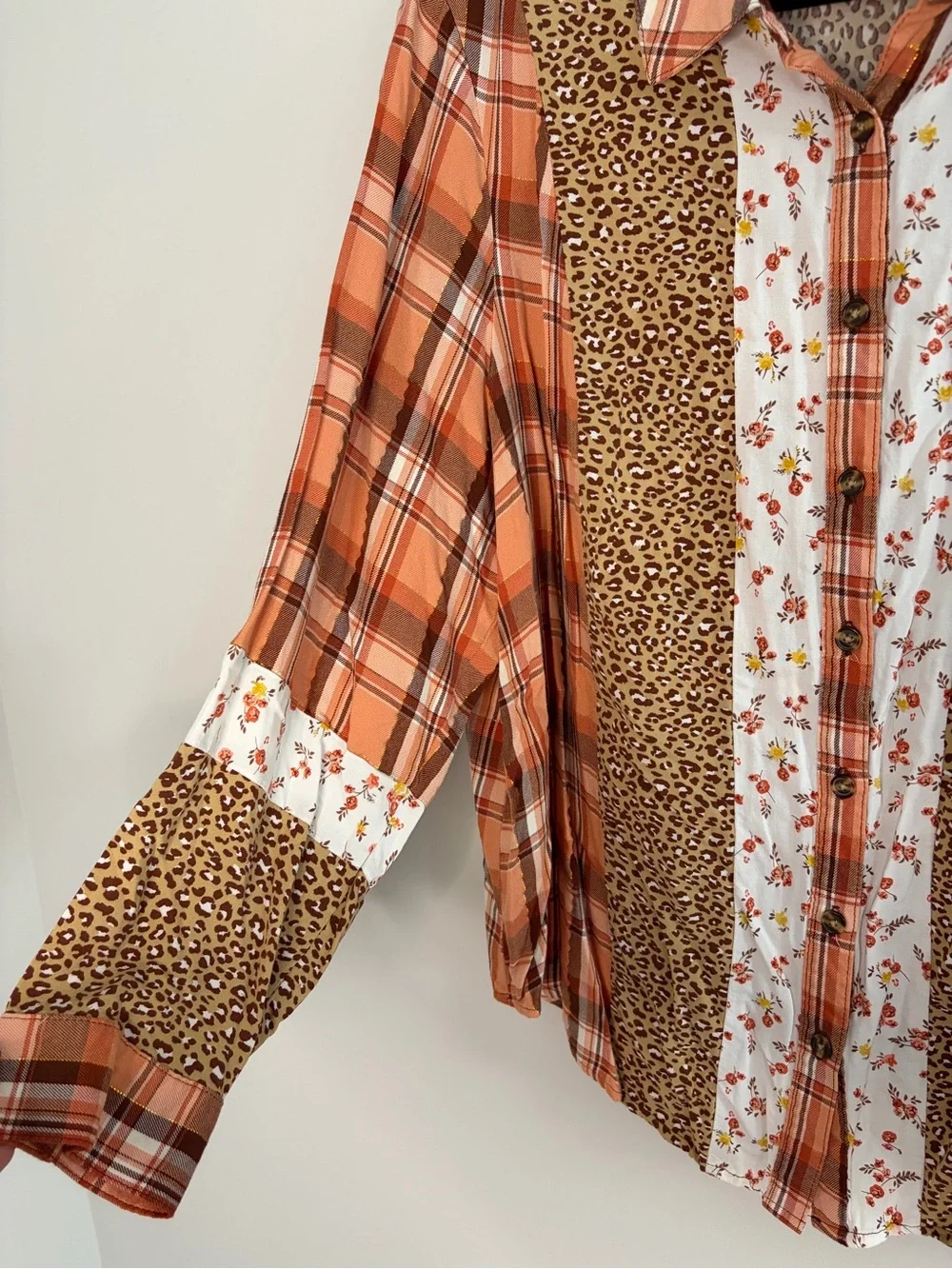 Cato Plaid & Leopard Mixed-Print Button Front Blouse - Rust/Tan - Picture 3 of 7
